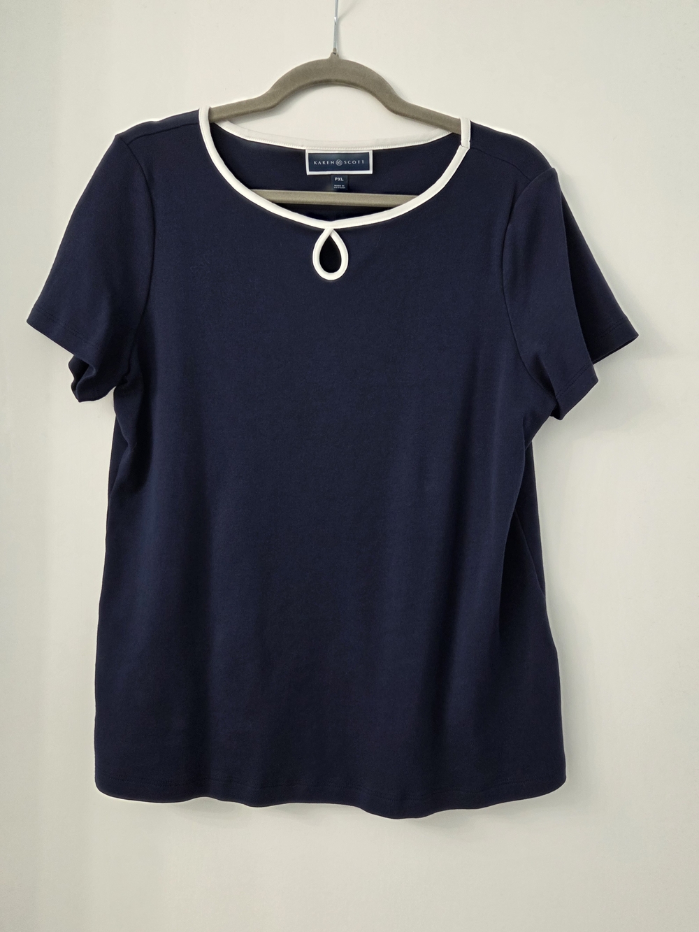 Karen Scott Navy Short Sleeve Tee with White Neck Trim